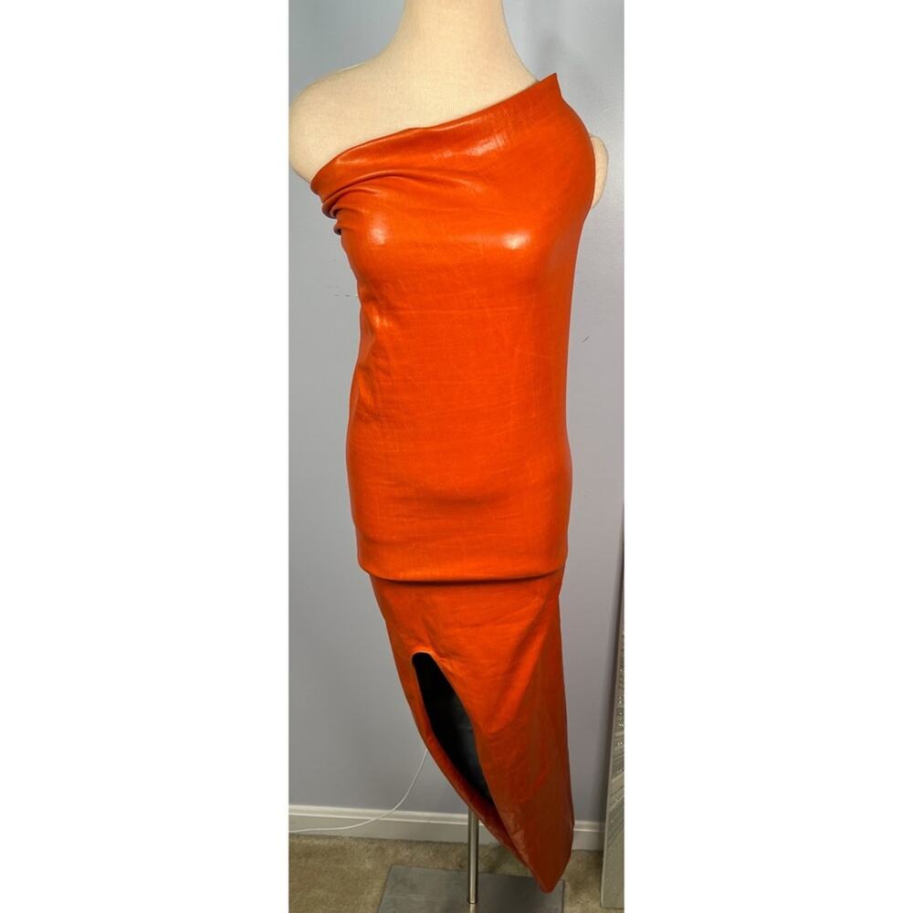 RICK OWENS Athena One Shoulder Coated Denim Bodycon Orange Midi Dress Size 6 - Picture 8 of 16
